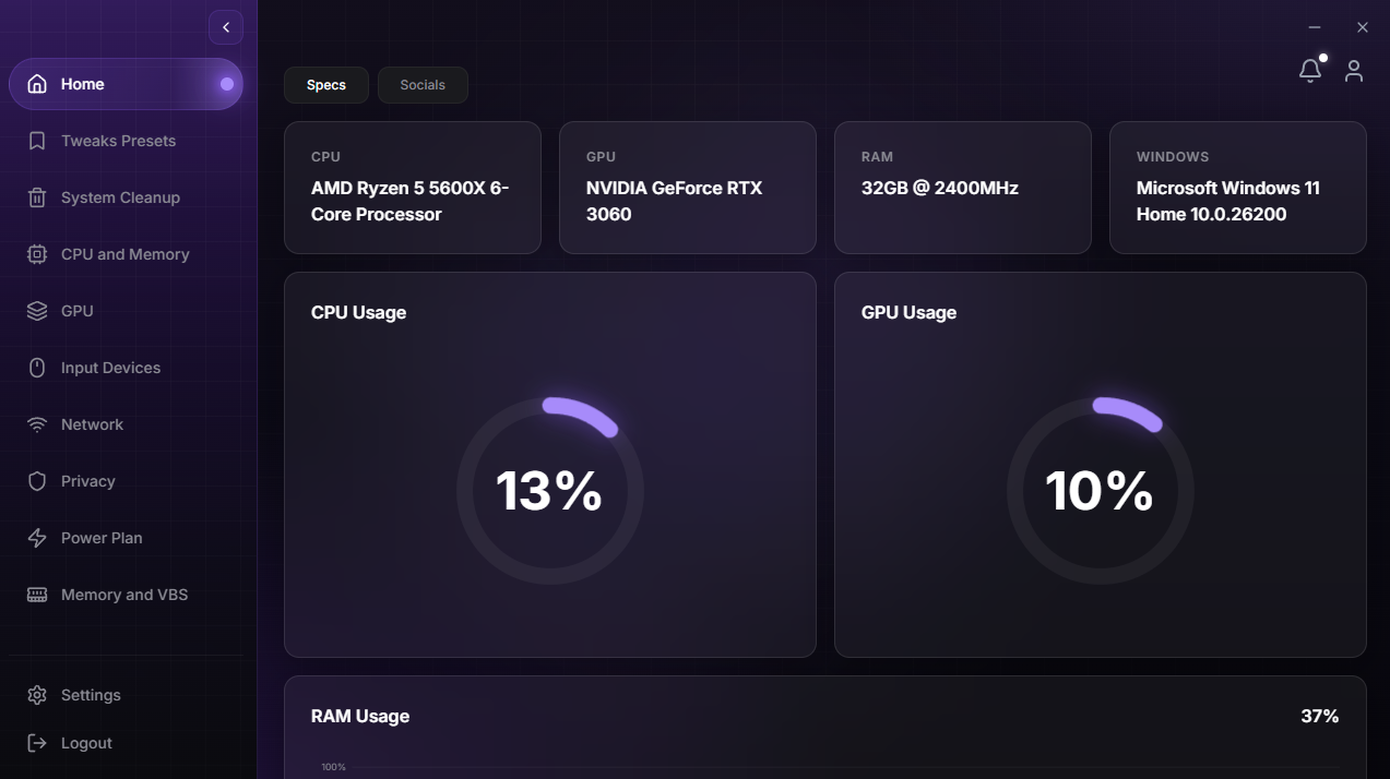 DuckyTech dashboard — live CPU, GPU and RAM usage